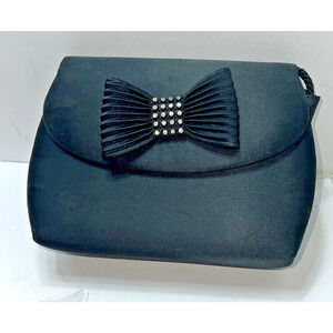 VTG. BLACK SATIN RHINESTONES Evening Bag Clutch Shoulder Bag